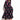 Model wears Logan black dress with pink and green spaced floral print dress. Dress has pink embroidered tapes around the front chest.