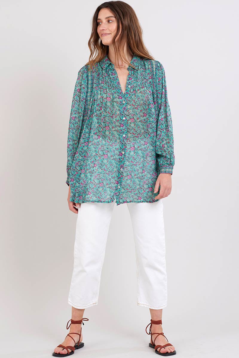 Rian Aqua Georgette Pintuck Shirt –