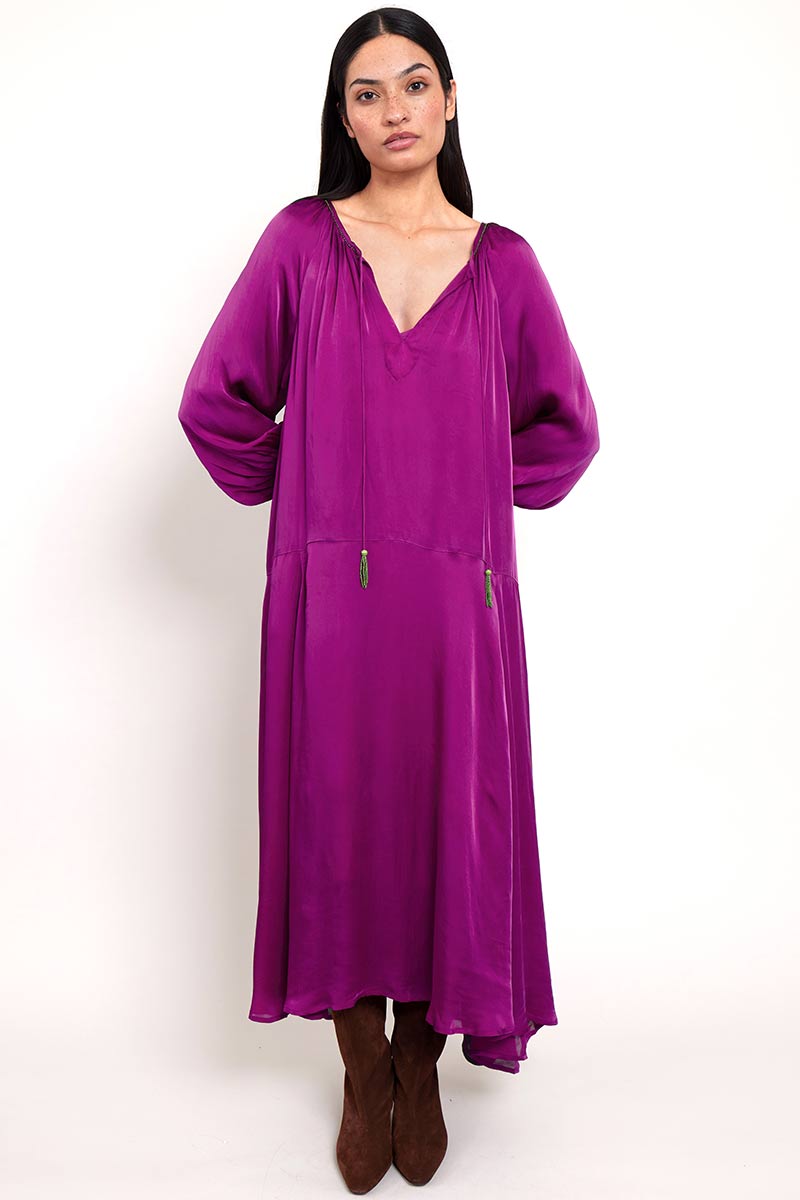 Model wears East Heritage Viviane Purple Satin Dress