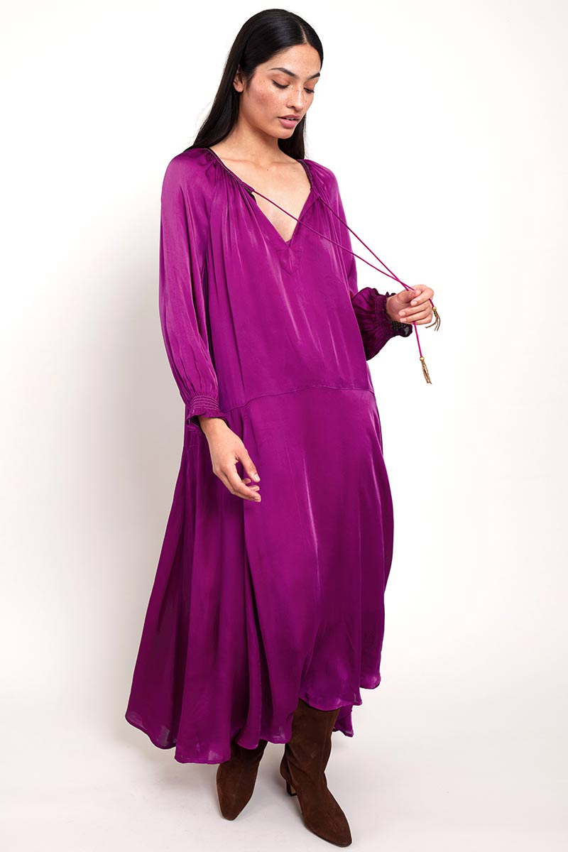 Model wears East Heritage Viviane Purple Satin Dress