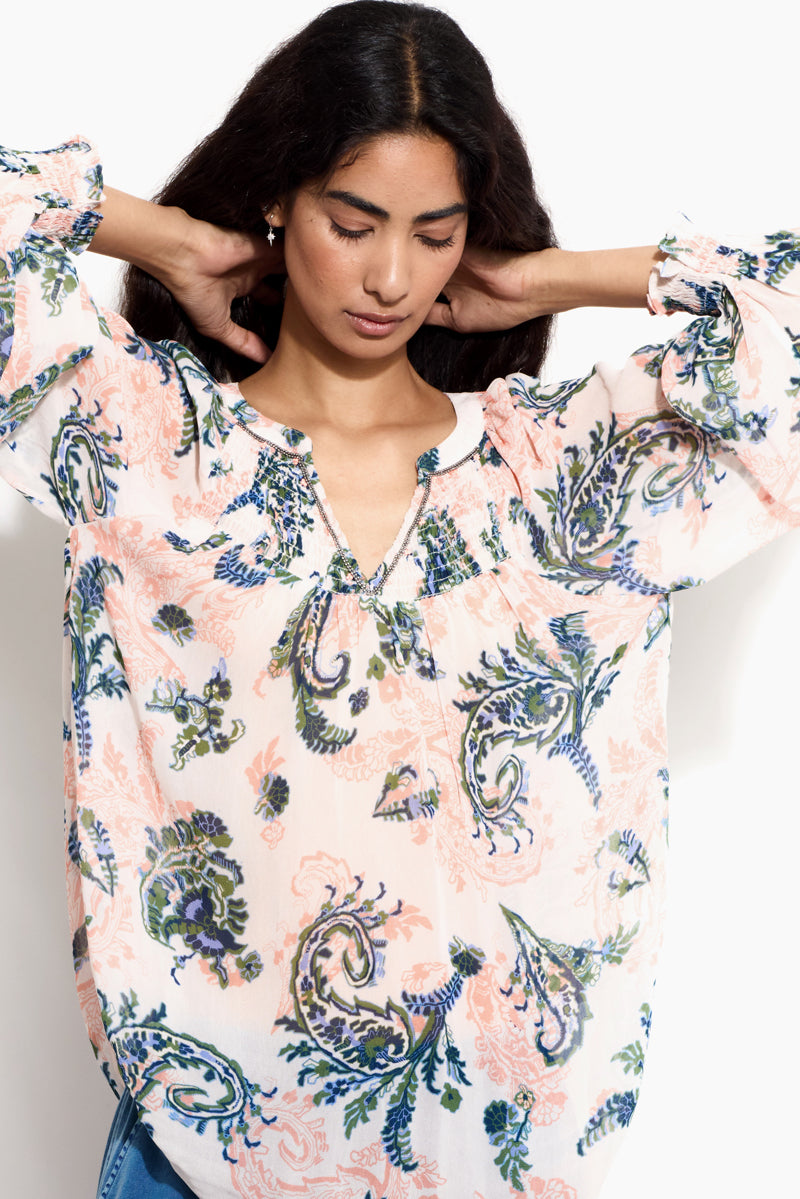 Model wears East Leili Peach Paisley Print Top