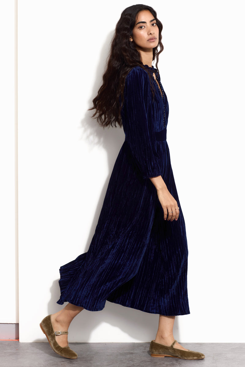 Wendy Navy Crinkle Velvet Dress