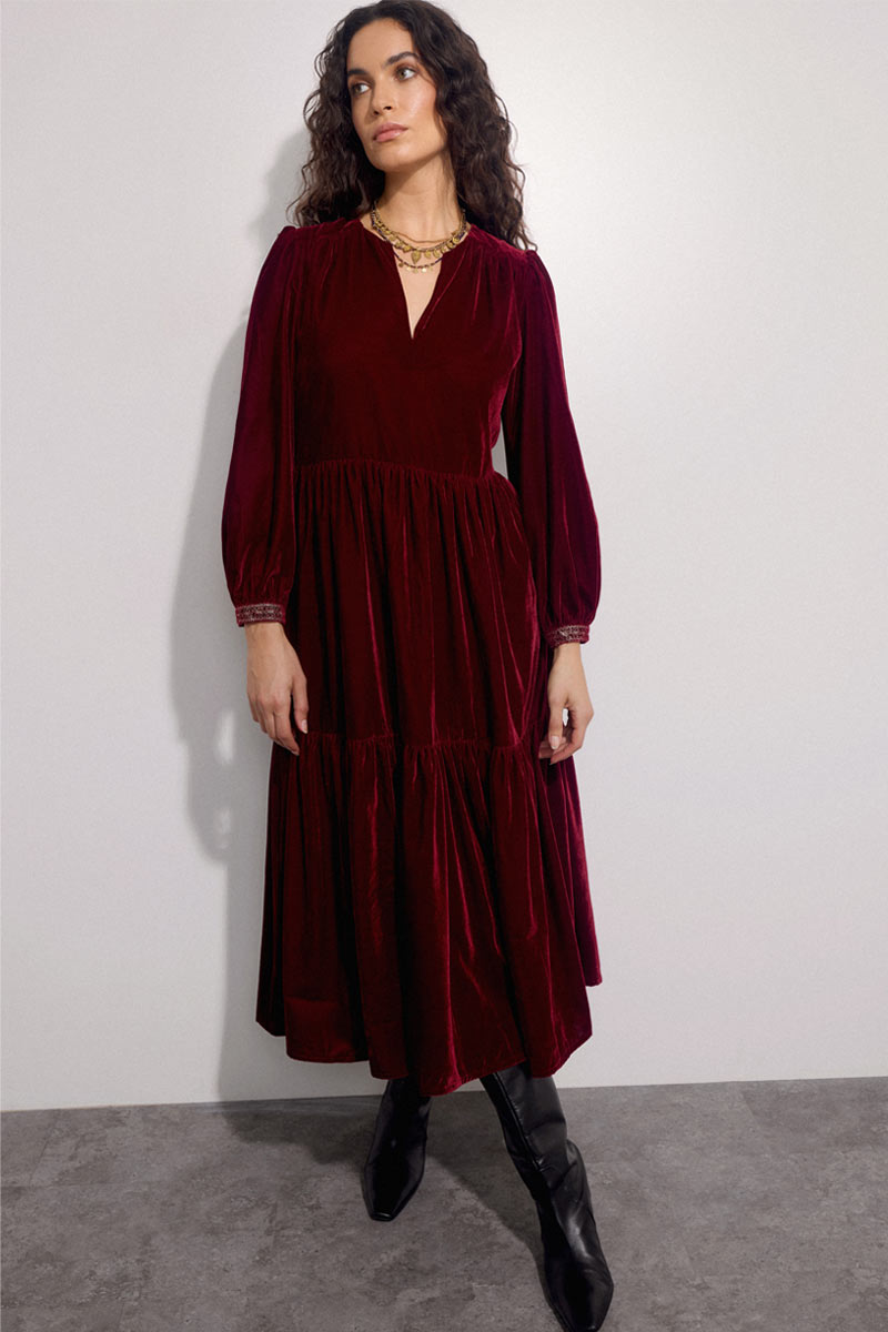 Rayya Velvet Tiered Midi Dress