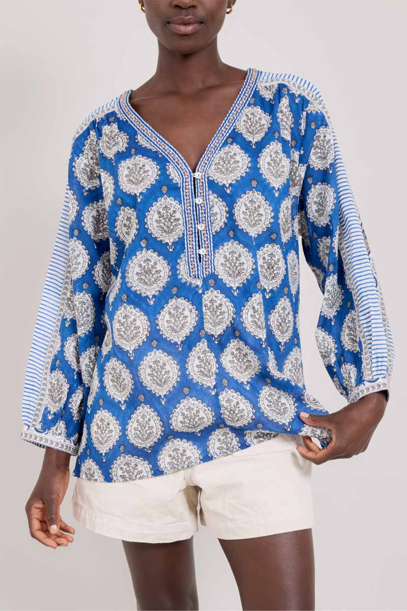Close up of model wearing East Azul Top