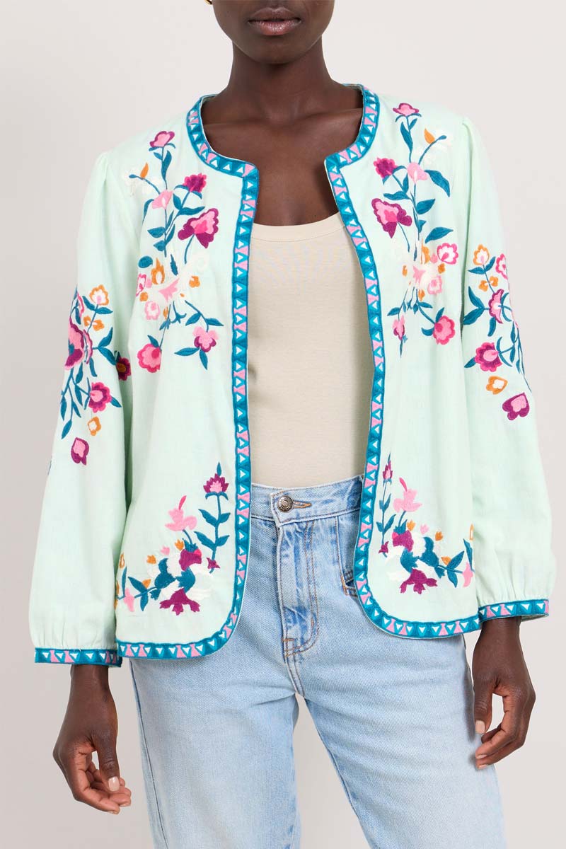 Close up of model wearing East Vendella Embroidered Jacket