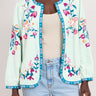 Close up of model wearing East Vendella Embroidered Jacket