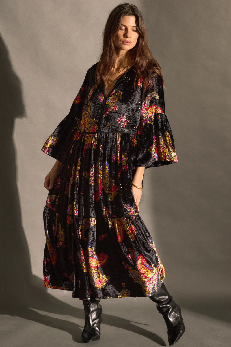 Lucielle Paisley Print Velvet Maxi Dress