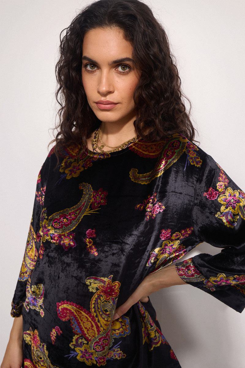 Lucielle Black Paisley Print Velvet Top