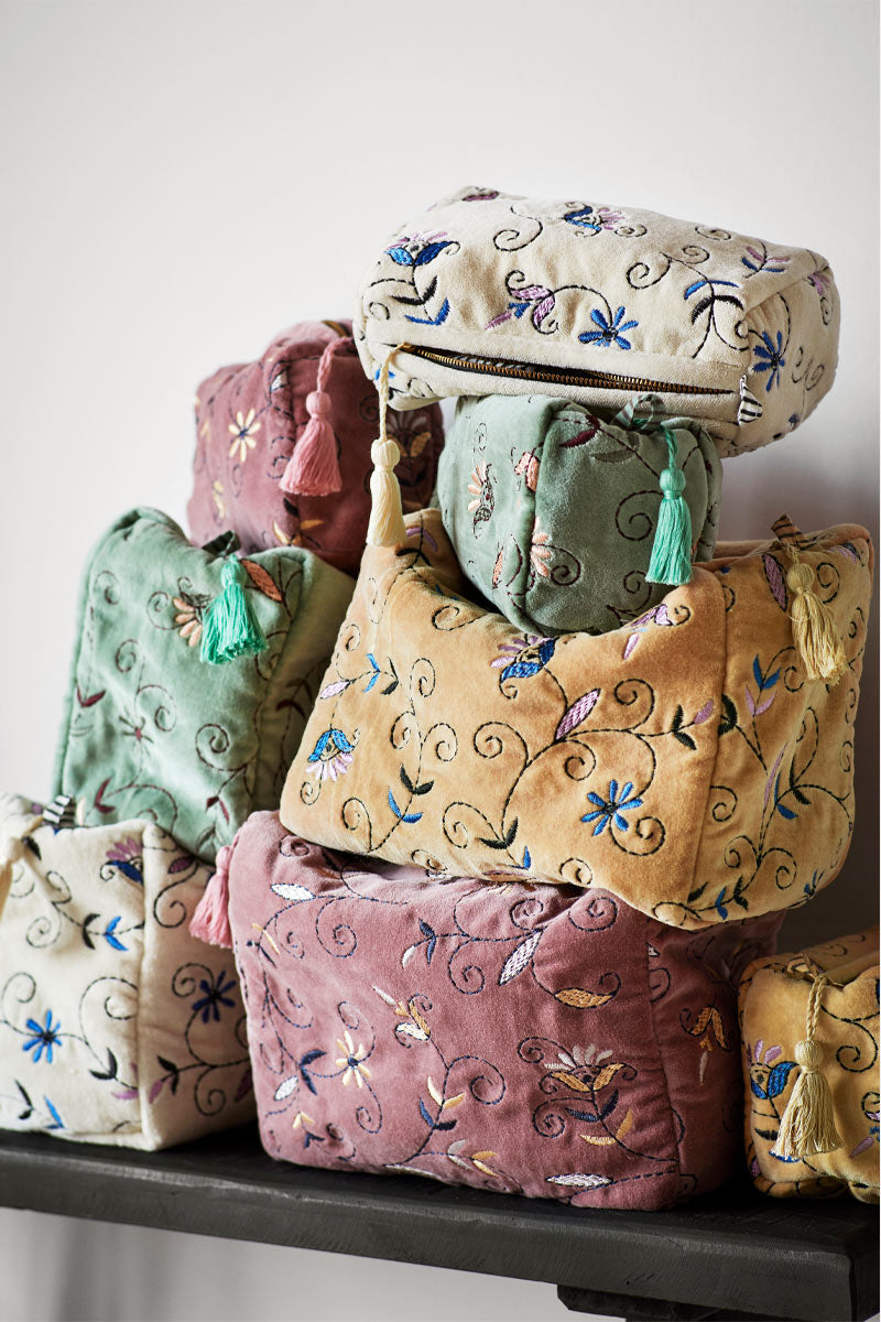 Floral Embroidered Velvet Washbag