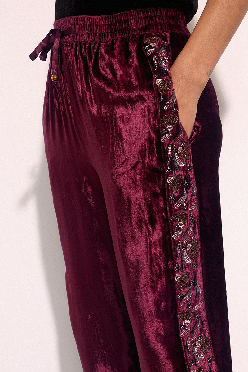 Elsa Burgundy Embroidered Velvet Trousers