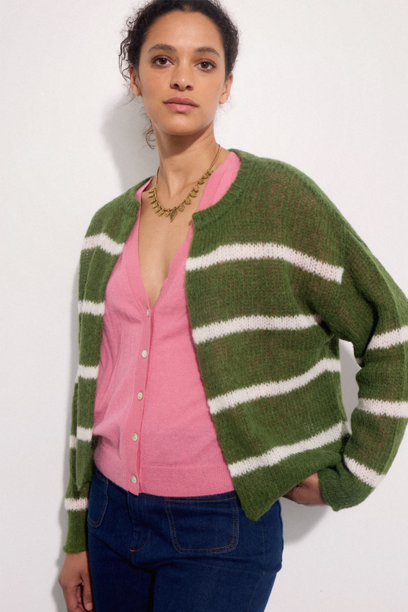 Aster Knitted Green Stripe Cardigan