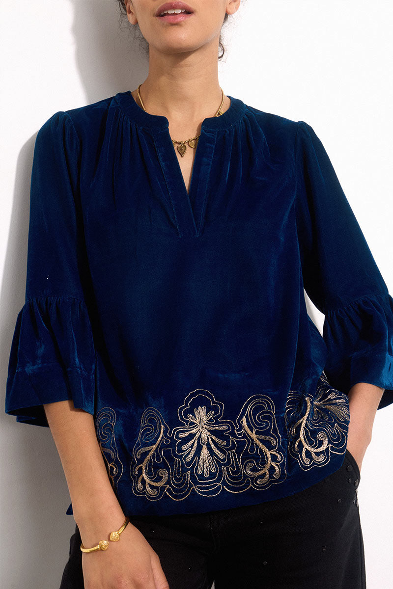 Una Embroidered Velvet Top