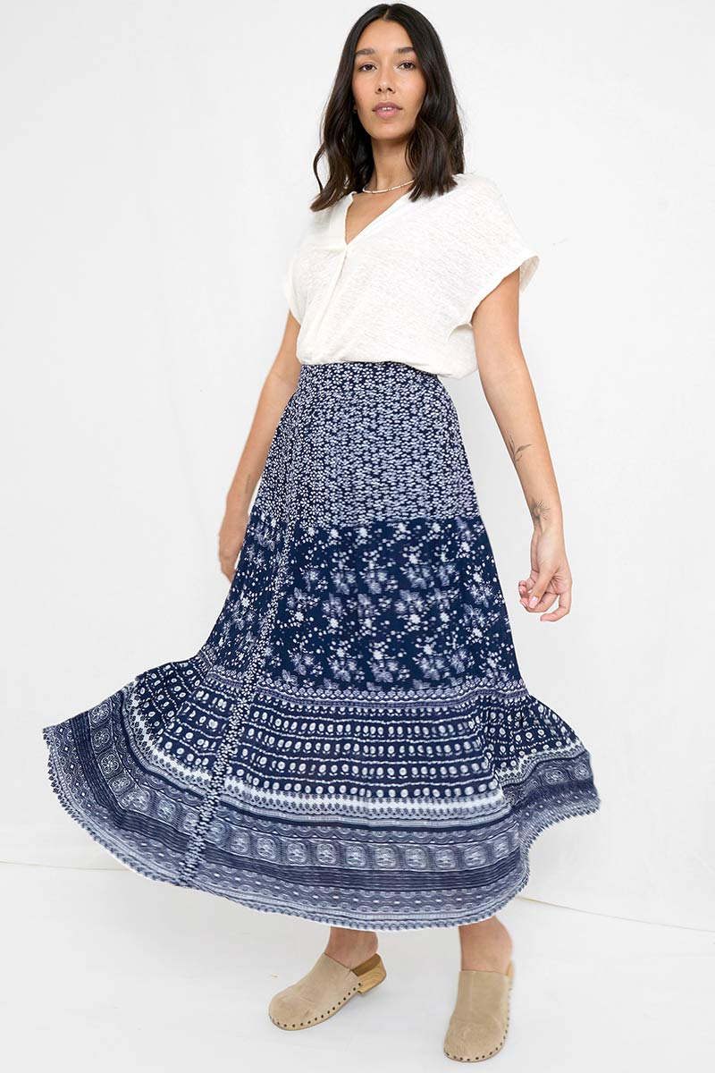 Rosemary Print Navy Tiered Skirt – east.co.uk